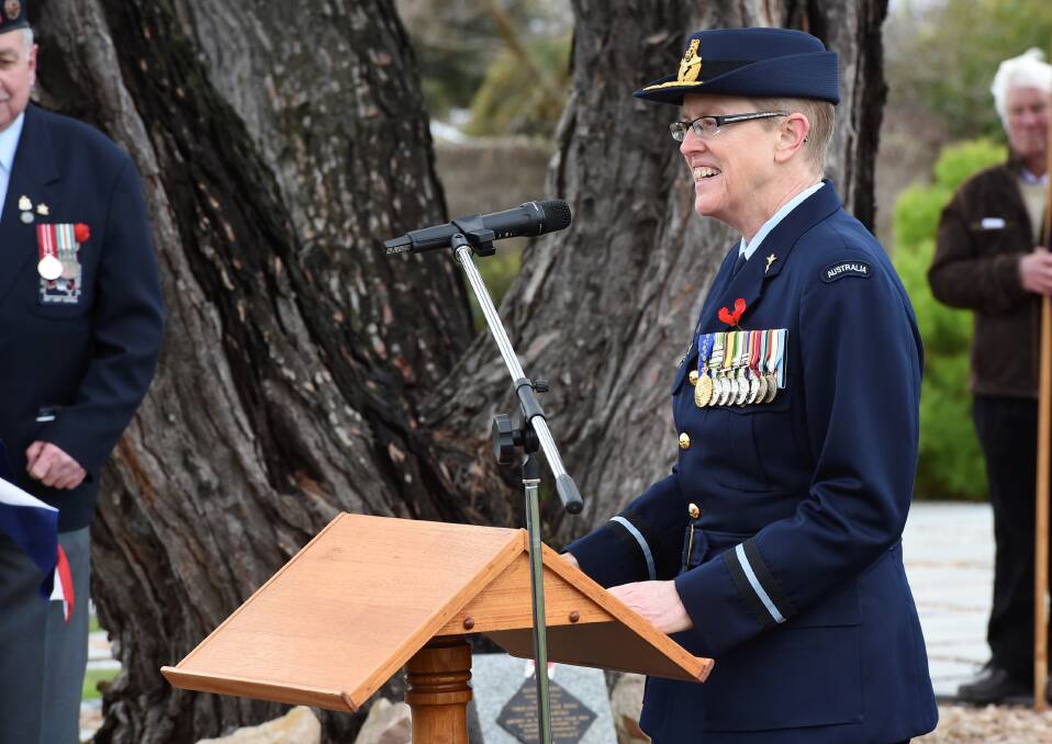 TRIBUTE: Royal Australian Air force Air Commodore Tracy Smart speaks at a commemorative ceremony for Lieutenant George Pinnock Merz. Picture: Lachlan Bence. 