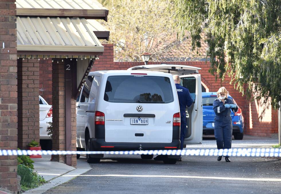 Forensic investigators at the scene of Jacinta Pompei's death in July last year. Justin Kain Ellard, 37, was found not guilty of her murder on Thursday. Picture: JODIE DONNELLAN