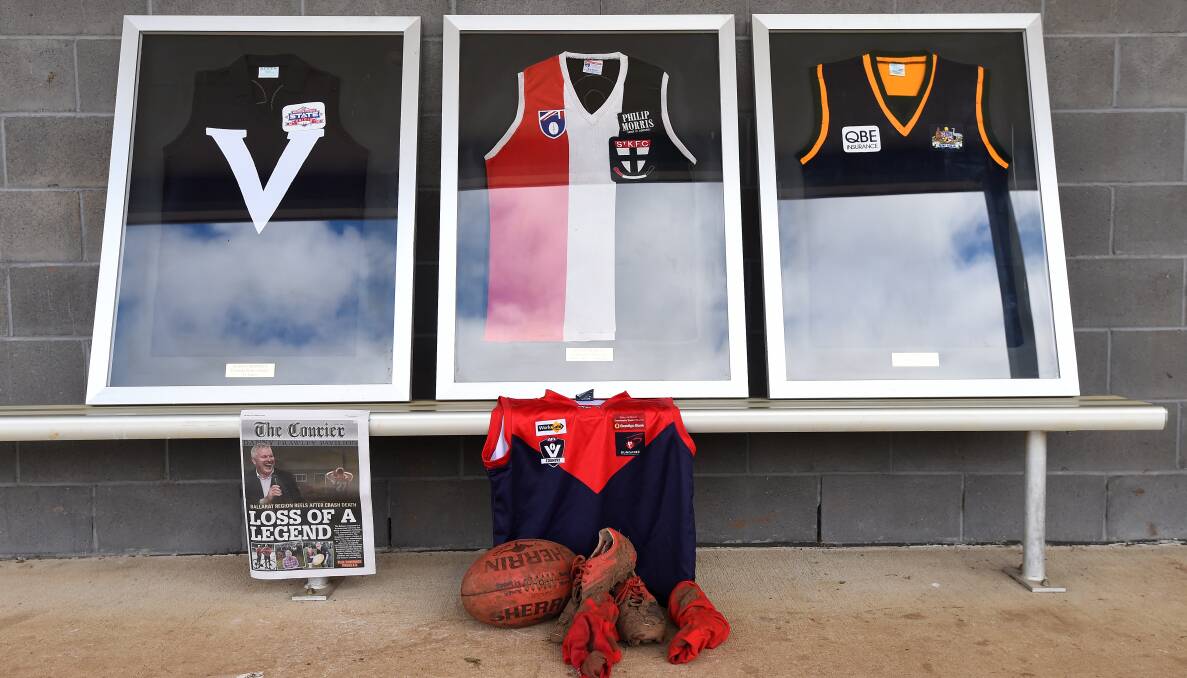 MEMORABILIA: A Big V, St Kilda, Australian and Bungaree guernsey were laid out at the clubrooms.
