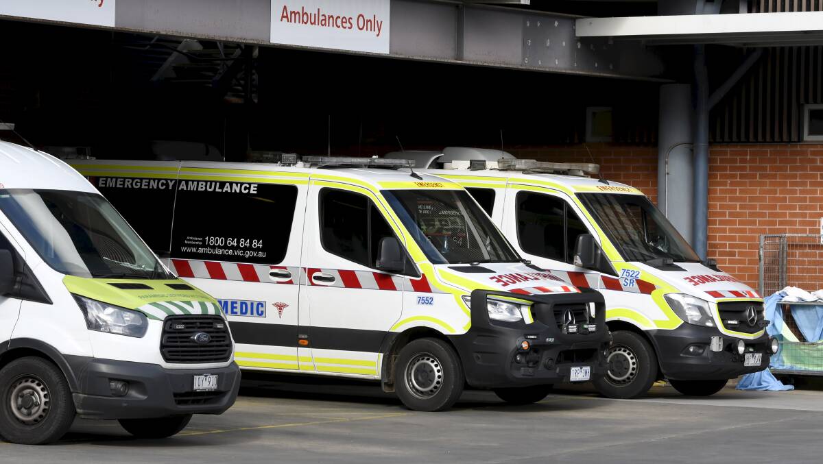 Ambulances parked at the Ballarat Base Hospital on Monday afternoon.
