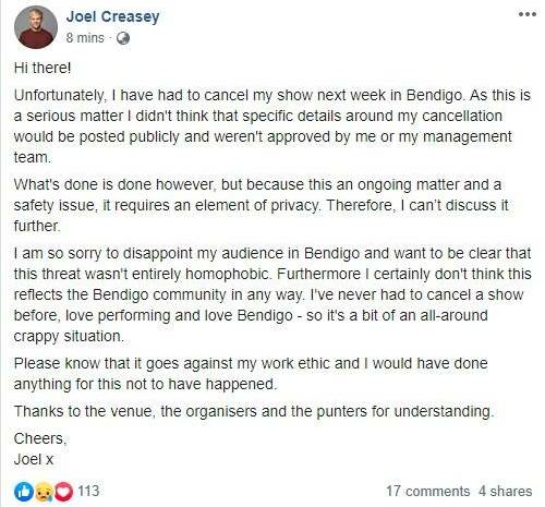 Comedian cancels Bendigo show amid safety concerns, homophobia