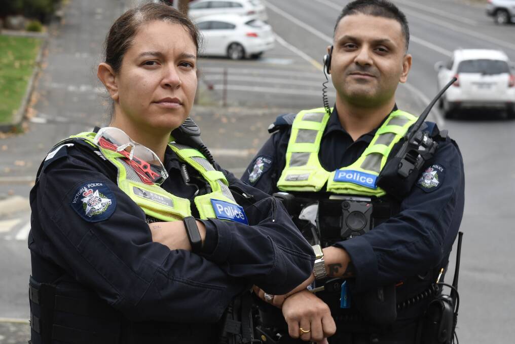 Senior Constable Priscilla Ribas and Senior Constable Jassi Sandhu in Ballarat on Friday. Picture: Lachlan Bence.
