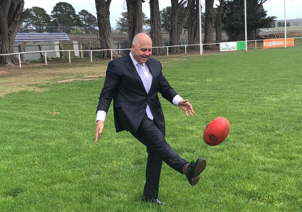 Treasurer Tim Pallas has a kick on the Ballan Recreation Reserve in October last year, where he made the announcement.