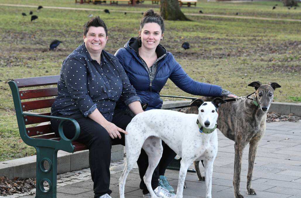 Barking mad: Ballarat Adopted Greyhound Walking Group member Ange Elson and Star organiser Hayley Lennon with Alfie at Lake Wendouree. Picture: Lachlan Bence