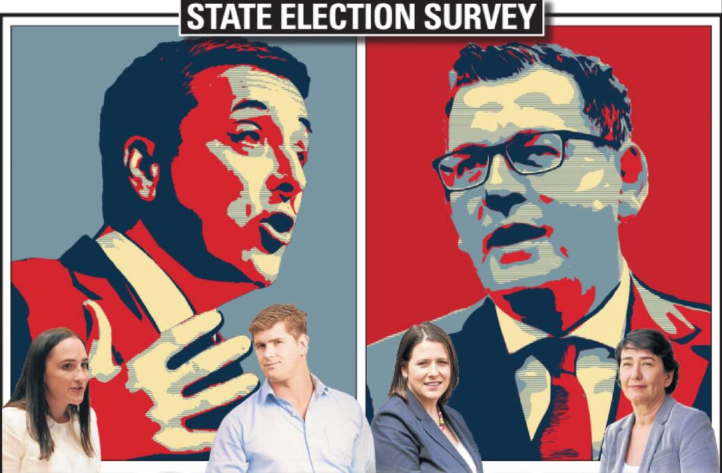 Lining up: Candidates Amy Johnson and Andrew Kilmartin, (Liberal) and Michaela Settle and Juliana Addison (Labor) beneath leaders Matthew Guy and Daniel Andrews. Artwork: Aaron Stewart.