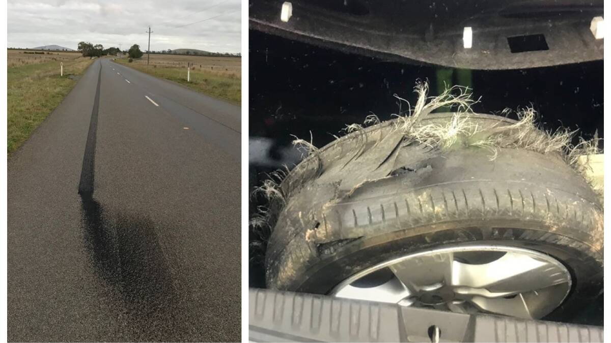 The skidmark on the road (left) and the busted tyre (right).
