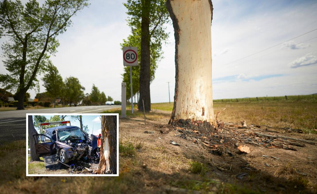The tree that was hit on Saturday and (inset) the crumpled wreck of the car involved. Pictures: Luka Kauzlaric and Dylan Burns 
