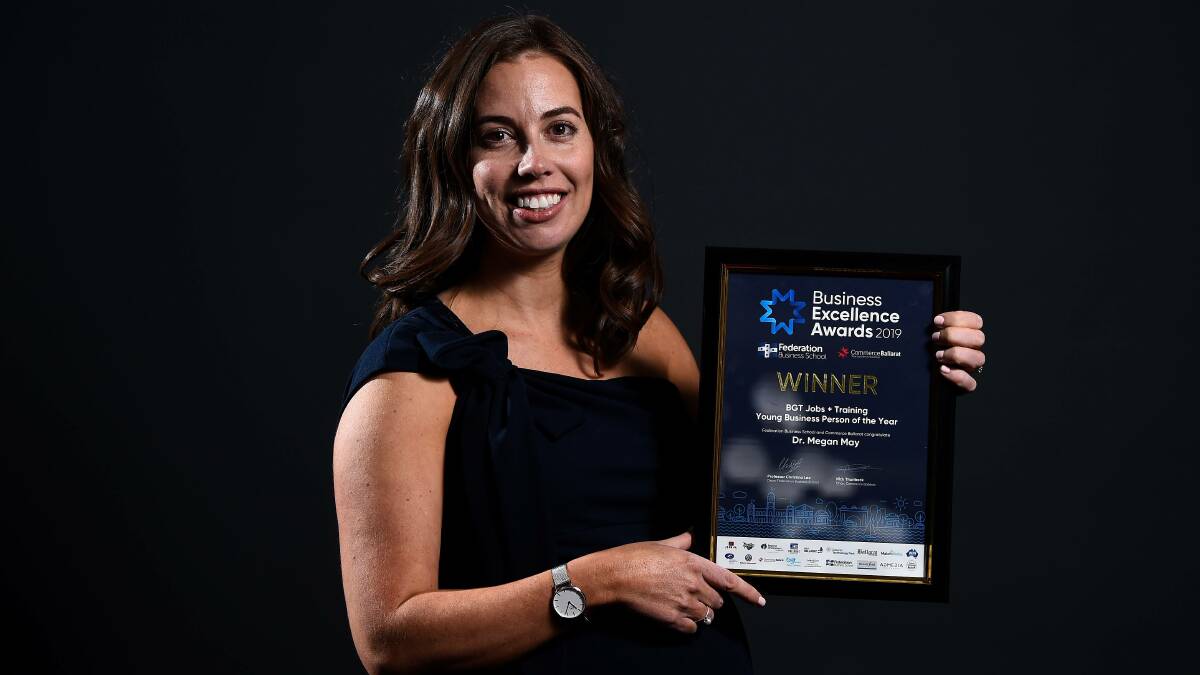 Winners are grinners: Eureka Osteo co-director Megan May won the Young Business Person of the Year Award on Thursday night. Picture: Adam Trafford.