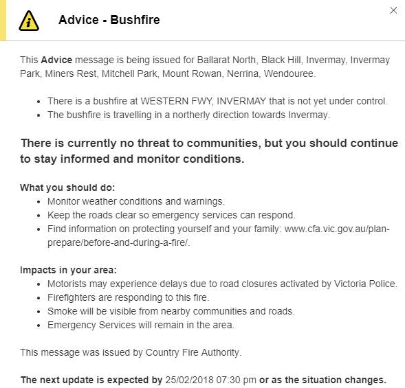 An alert message issued by the CFA.