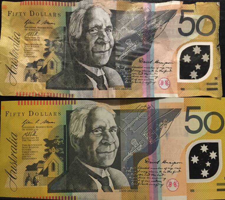 The fake note (above) compared to the real note (below).