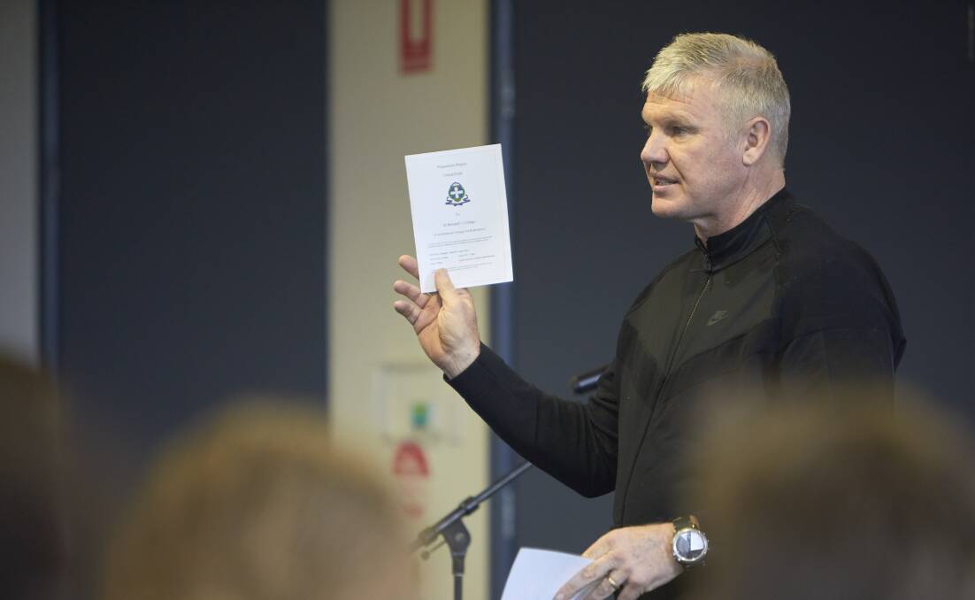Danny Frawley talking at St Patrick's College in 2018.
