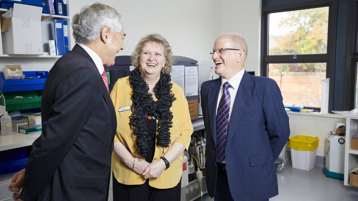 Professor George Kannourakis, Gail Elsey and philanthropist John Turner at the Fiona Elsey Cancer Research Institute.