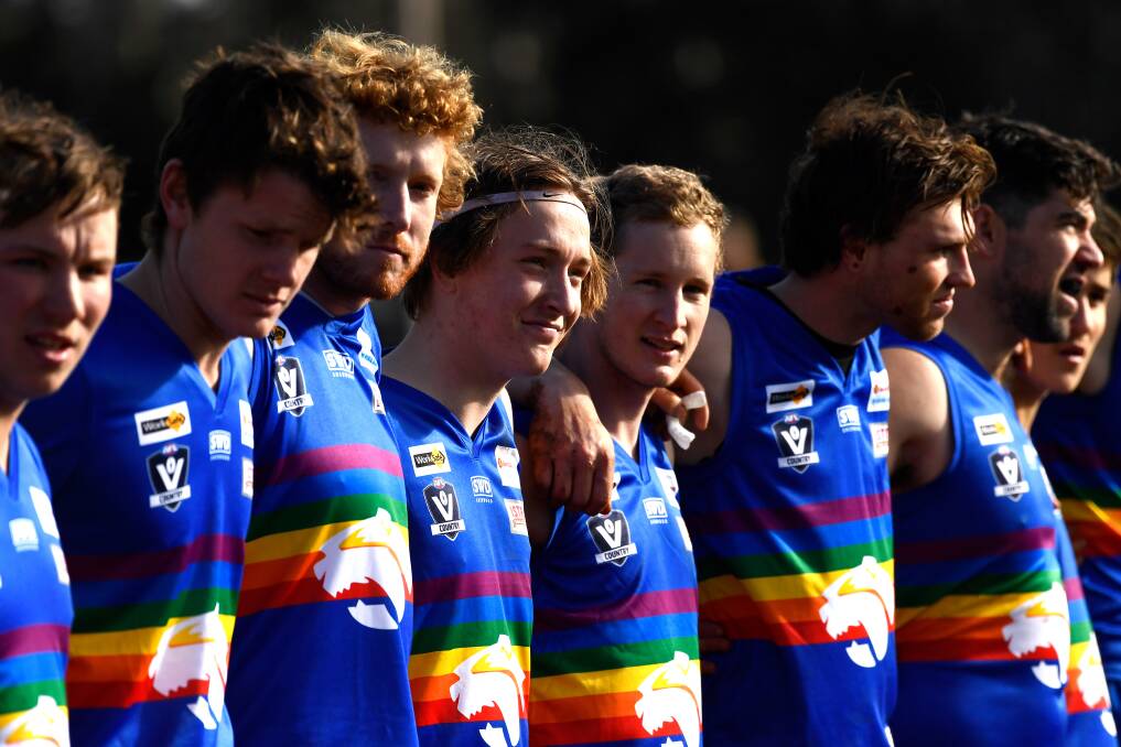 RAINBOW: Daylesford players sporting their special Pride Cup jumpers on Saturday. Many players purchased their jumpers after the match. PICTURE: Adam Trafford.