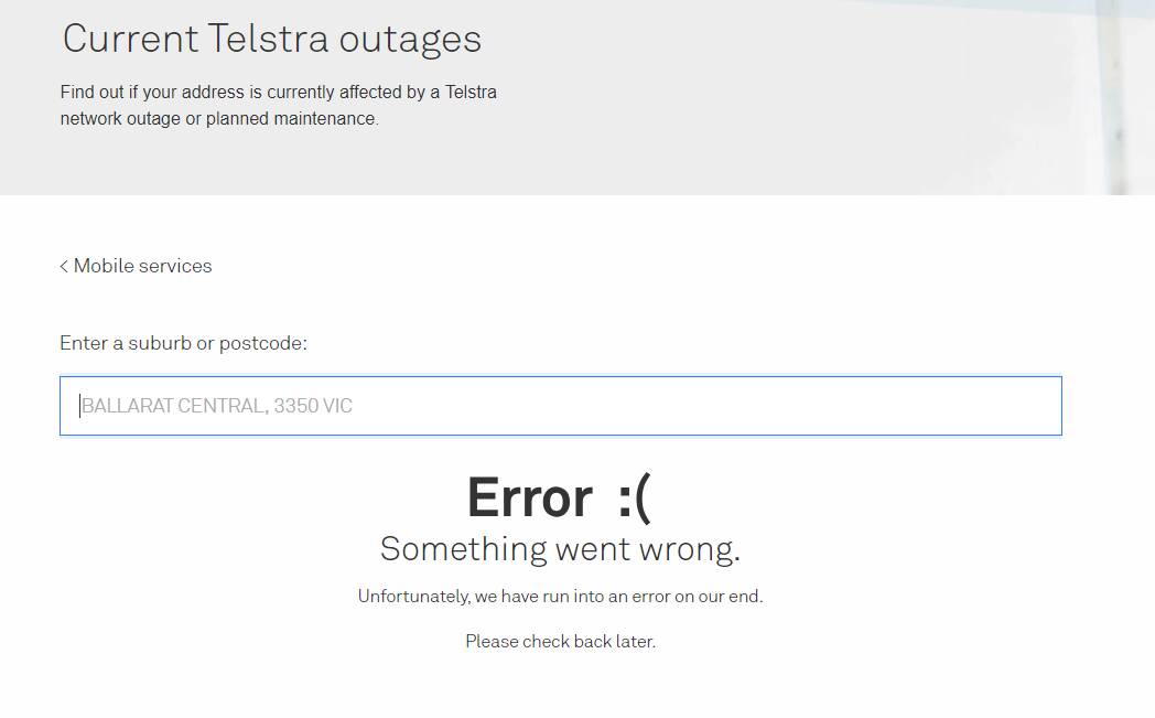 A screenshot of the Telstra outage page.