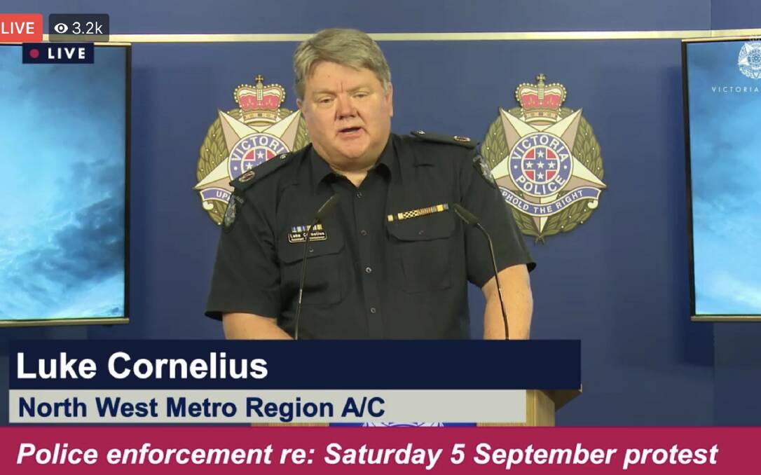 Assistant Commissioner Luke Cornelius speaking on Thursday. Picture: Victoria Police.