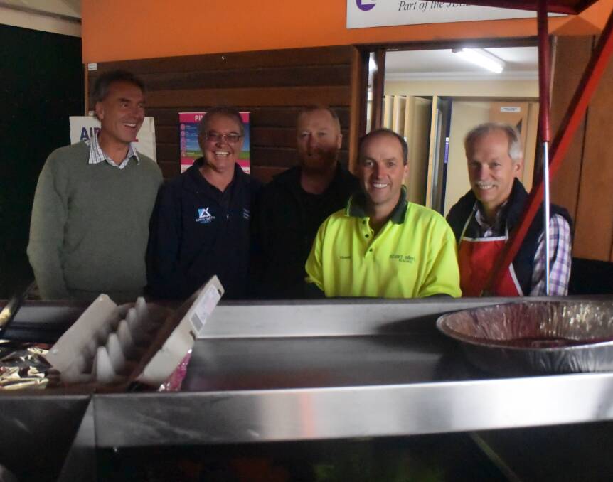 BREAKING THE CYCLE: Peter Jones, Greg Smith, Jeremy Forbes, Stuart Allen and David Rowe at the HALT Save Your Bacon Breakfast for tradies. 