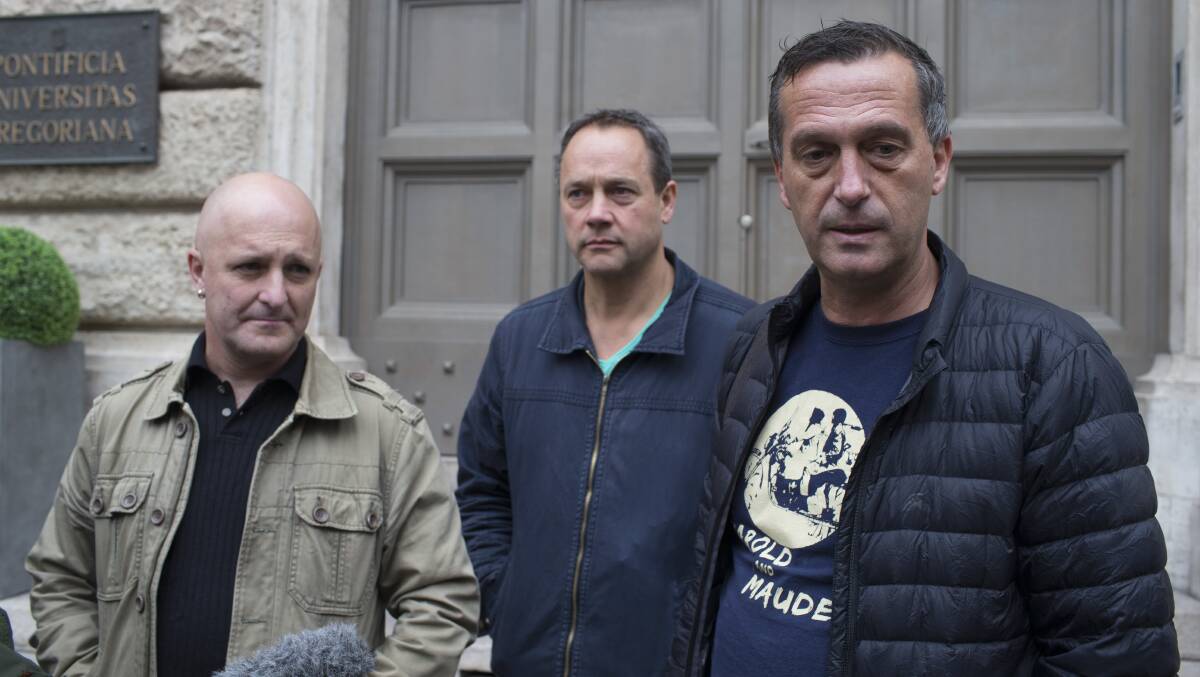 Ballarat clerical abuse survivors Andrew Collins, Peter Blenkiron and David Ridsdale in Rome for Cardinal George Pell's testimony to the Royal Commission into Institutional Responses to Child Sexual Abuse recently.  