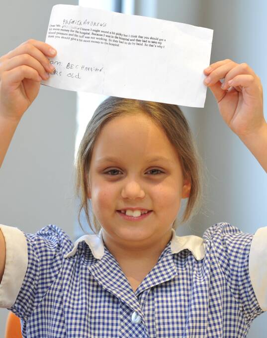 TAKING ACTION: Rebecca Harrison, 8, has penned letters to the state and federal governments in the hope they will provide more hospital funding. Picture: Lachlan Bence 