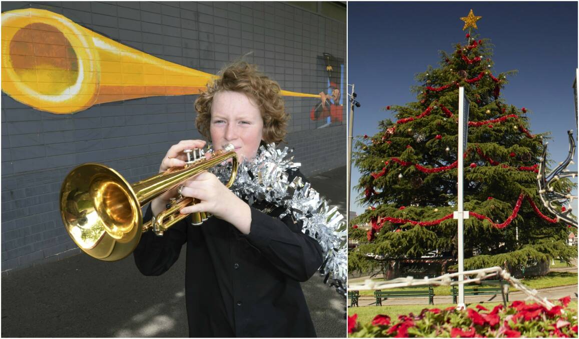 Left; Phillip, 14, plays in front of an interactive Christmas artwork in Ballarat and right; Sturt street decorations. Picture: Lachlan Bence