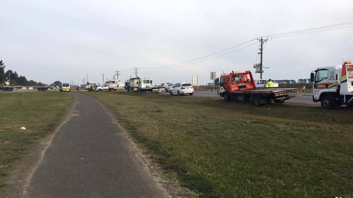 Cars wait while emergency services deal with a crash on Ballarat's Ring Road.