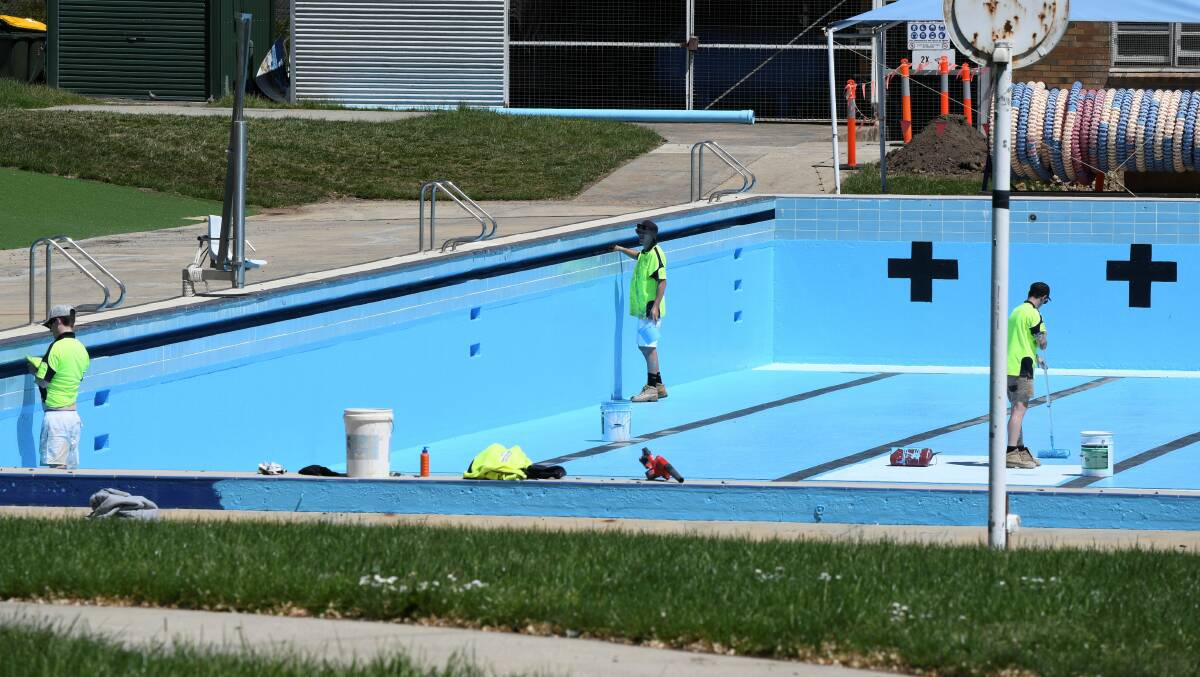 NEW COLOUR: Workers repaint the Eureka Aquatic Centre pool. Picture: Lachlan Bence