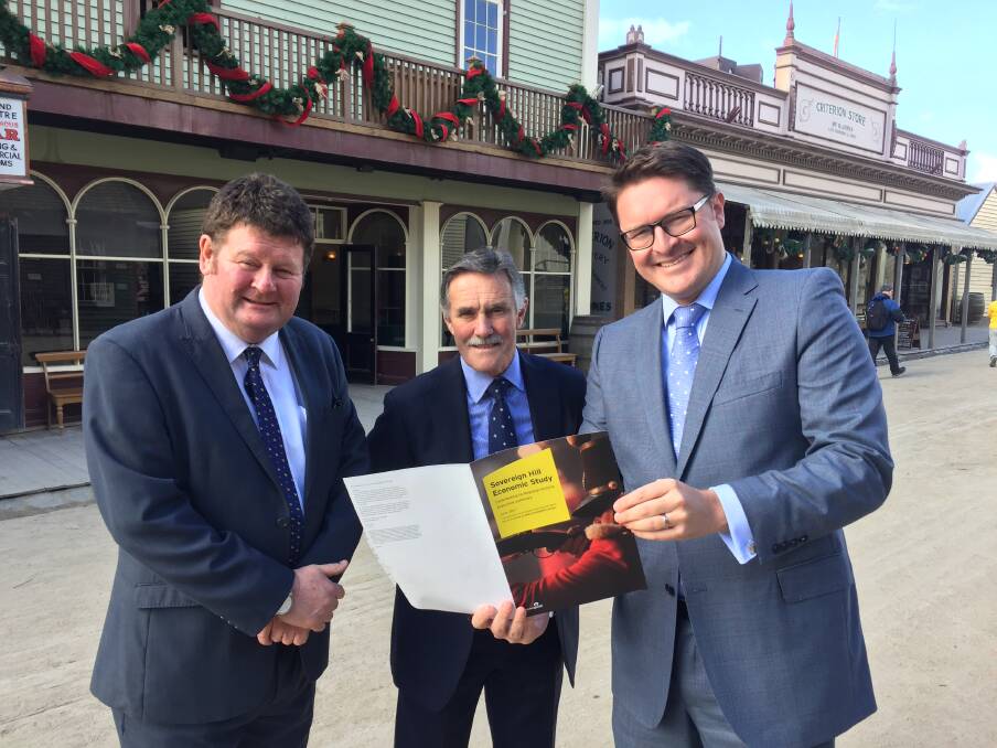 Sovereign Hill board president Adrian Doyle, chief executive Jeremy Johnson and Ernest & Young's Cameron Bird. Picture: Jeremy Venosta