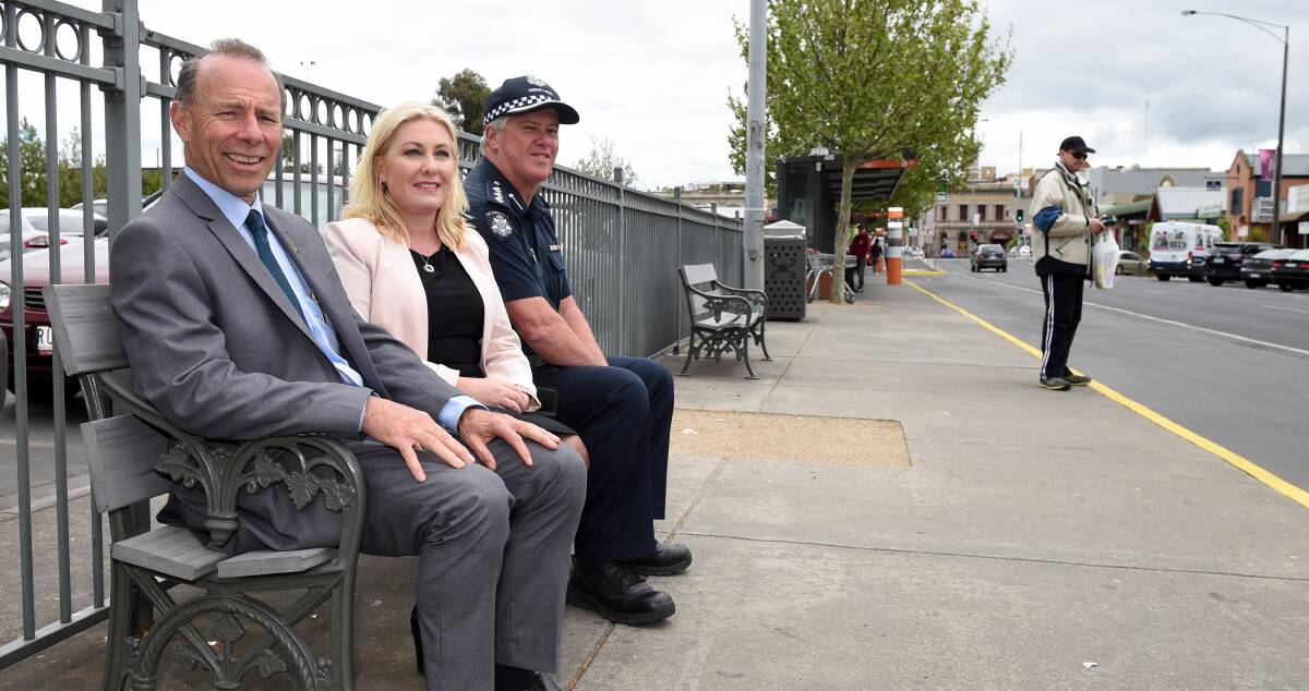 SAFETY: Buninyong MP Geoff Howard, Wendouree MP Sharon Knight and Ballarat Police Inspector Bruce Thomas shortly after the announcement was made. Picture: Kate Healy. 