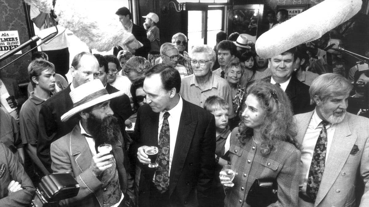 Lachlan Bence's picture of Paul Keating, with his wife Anita (right), talking to Gerry Tobin. 