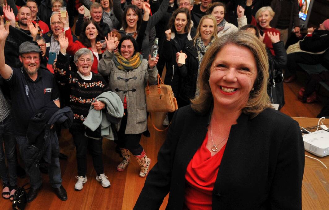 King's landing: Catherine King with the Labor faithful once the result became clear on Saturday night. Nationally things were much murkier. PICTURE: Lachlan Bence