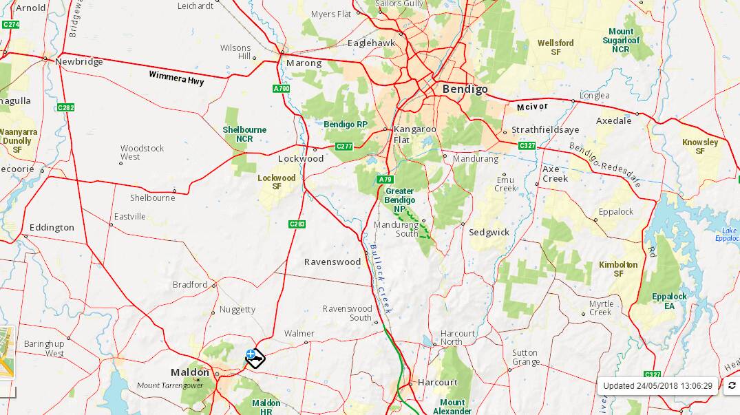 The location of the crash in relation to both Maldon and Bendigo. Picture: EMERGENCY VICTORIA