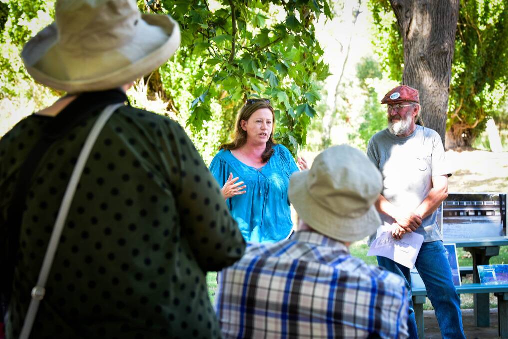 North Central Catchment Management Authority's Camille White speaking with attendees at Monday's gathering in Carisbrook. Picture: BRENDAN McCARTHY