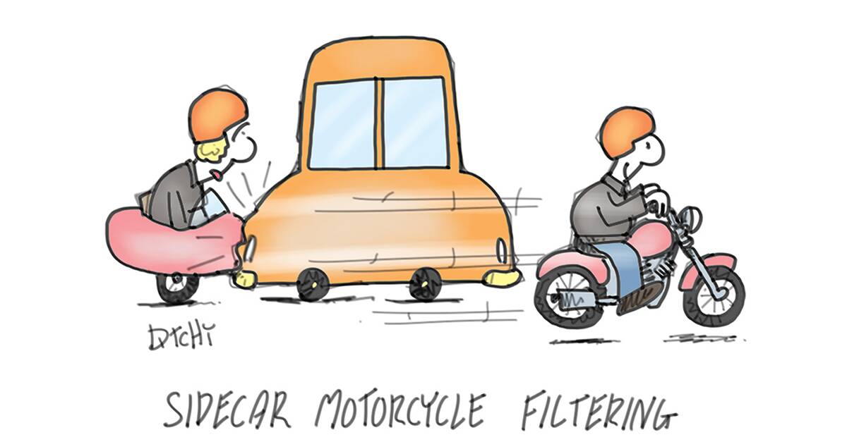 Filtered: Cartoonist John Ditchburn's lighthearted look at this week's new laws allowing bikers to move through slow-moving or stopped traffic.