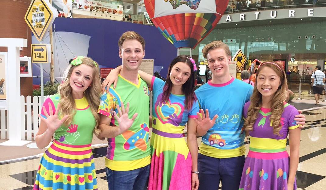 Five in the air: Jessica Redmayne, far left, with the rest of the Hi-5 crew. The Ballarat performer says she loves encouraging children to be creative.