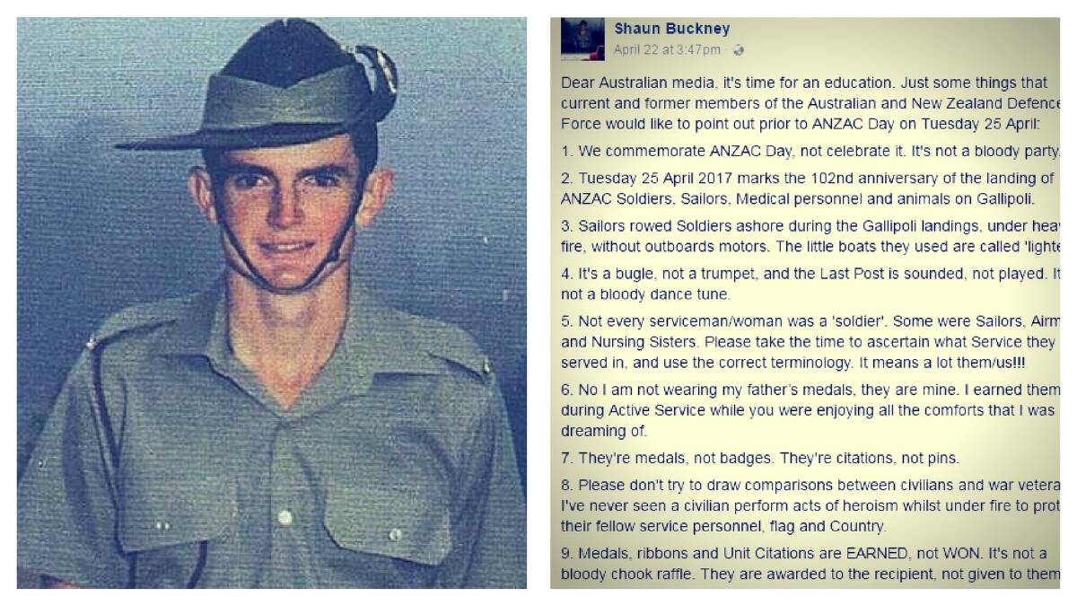 Shaun Buckney, pictured here during his time at Kapooka as a 19-year-old in 1986, and his viral Facebook post.