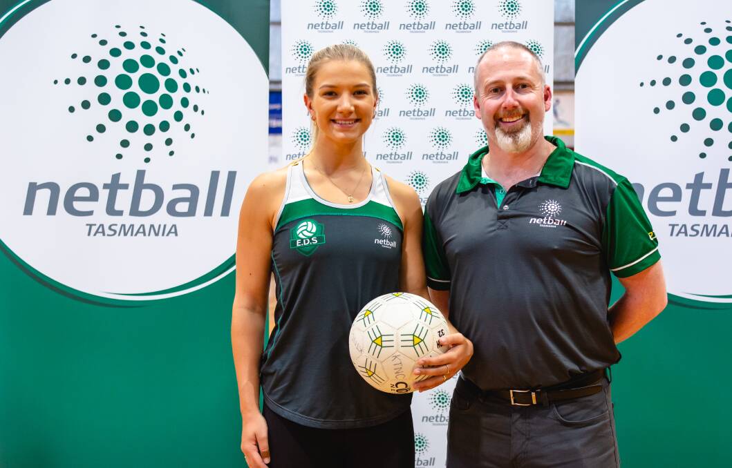 IN THE BALL GAME: Tassie Magpie Ashleigh Probert-Hill and Netball Tasmania chief executive Aaron Pidgeon. Picture: Solstice Digital