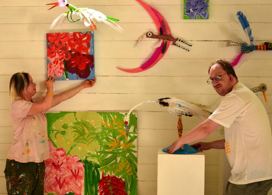 CREATIVE: Artists Anne Chibnall and Tim Sedgwick put final touches to their 'Tim and Anne's Garden Magic' exhibition which will be at art HALL studio in Learmonth. Photographer: Roy Rhoderick