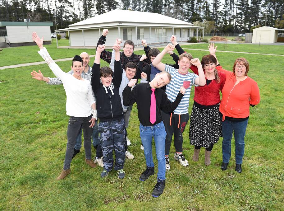 HOORAY: Ballarat Specialist School students and teachers celebrate the school's 10th anniversary of the Educational Residential Unit and 50th program. Picture: Lachlan Bence