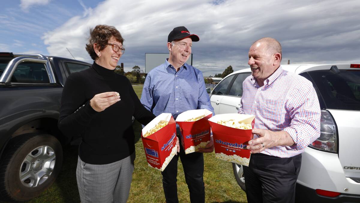 THRILLED: Ballarat Agriculture and Pastoral Society CEO Elizabeth van Beek, Showbiz group director Chris Jones and drive-in manager John Bourke welcome the return of the drive-in at the Ballarat Showgrounds. Picture: Luke Hemer.