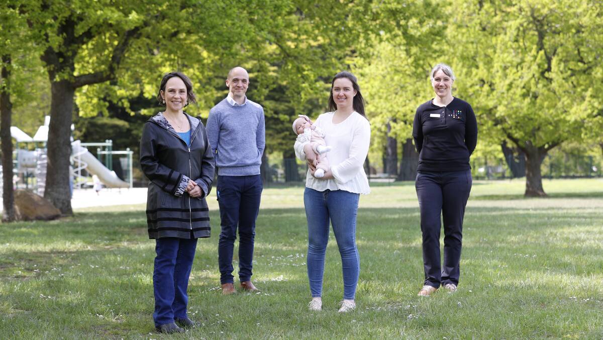 RESEARCH: From left, innovation, medical research and digital economy minister Jaala Pulford, BHS special care nursery nurse unit manager Luke McEldrew, Caitlin Farquhar and her six-week-old daughter Matilda, and GenV area manager western Victoria Rachael Cooper. Picture: Luke Hemer