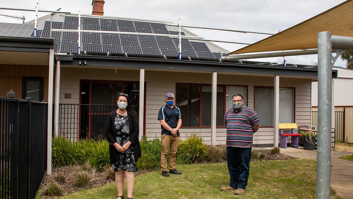 WELCOMED: Golden Plains Shire mayor Helena Kirby, Off-Grid Australia's Aaron Lewtas, and Berrybank Wind Farm's Nathan Micallef at the Meredith Community Centre.