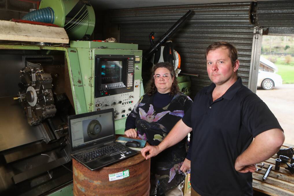 GROWING BUSINESS: David and Sarah Roberts at the family's Bungador farm workshop. The siblings are helping to grow the business as they work to expand their father Tony's invention. 