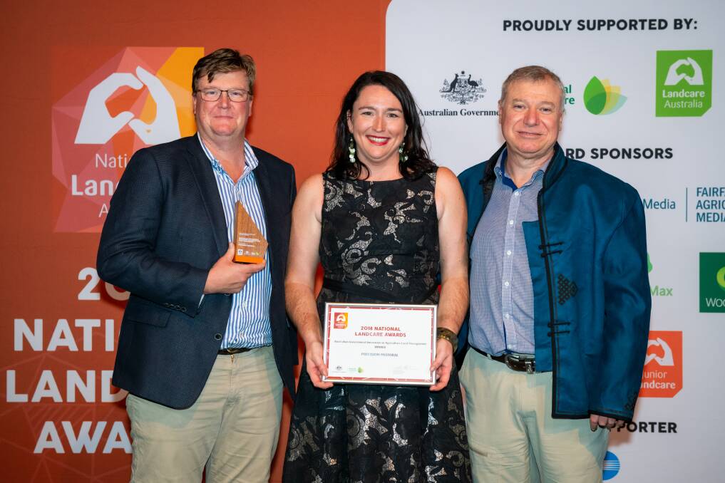 Precision Pastoral CEO Tim Driver (left) and co-worker Camilla Osborn after collecting the Australian Government Innovation in Agriculture Land Management Award in 2018. Photo Landcare Australia