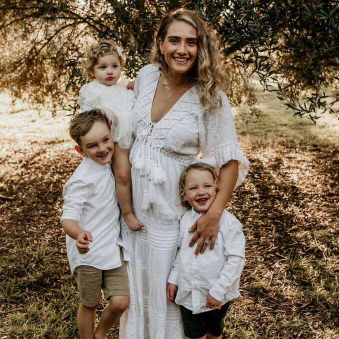 Nikita Hunter with her children Harry, 5, Isla, 2, and Paddy, 3. Picture: Justine Missen, Dream Cave
