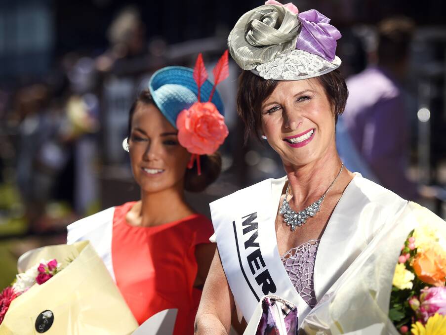IN SEASON: Local Lady winner Pamela Harrington and runner up Louise McCartin in the Myer Fashions on the Field at the 2015 Ballarat Cup. 