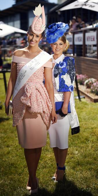 BEAUTY QUEENS: Lady of the day award winner Danielle Downs and runner-up Nicole de Iulio in the Myer Fashions on the Field at the 2015 Ballarat Cup. Picture: Luka Kauzlaric