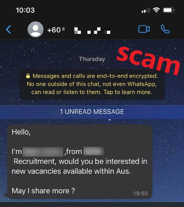Scammers are impersonating recruiters and preying on those who are looking for work. Picture by Scamwatch.gov.au