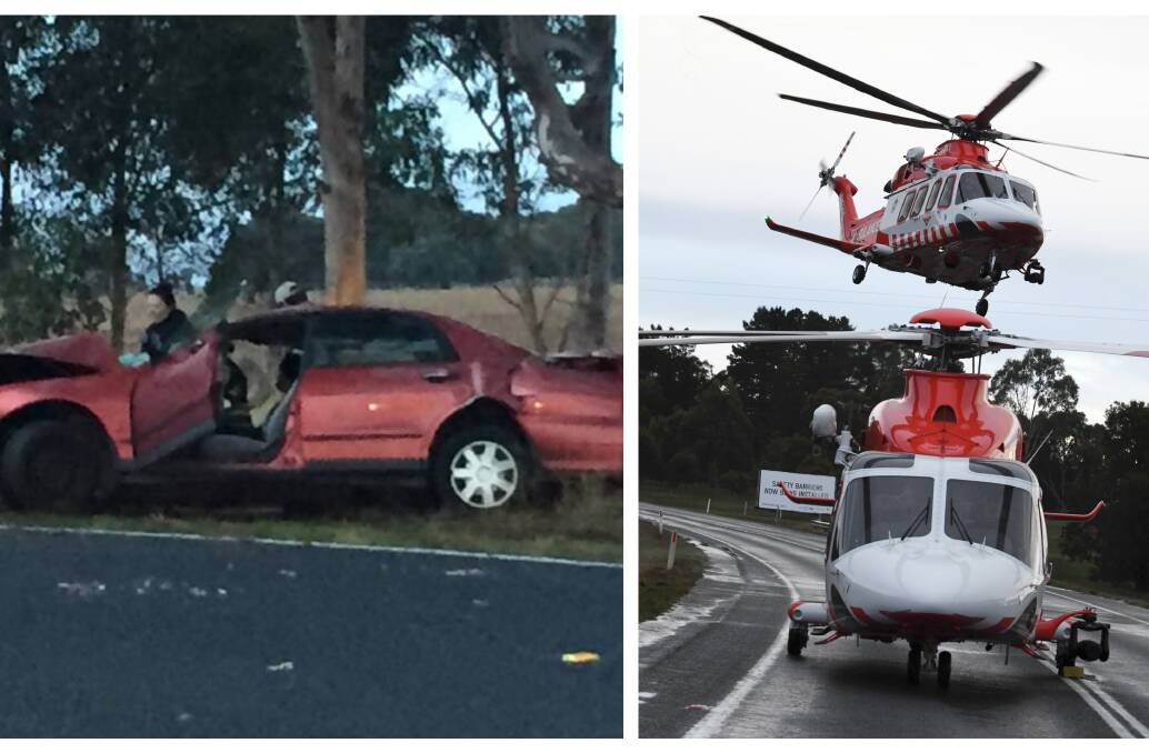 CARNAGE: Police inspect a man's car after it crashed in Clunes this morning (left) and two ambulance helicopters transport patients to hospital after a horror collision between a car and a bus in Sulky on Wednesday evening (right). Pictures: Caleb Cluff, Lachlan Bence