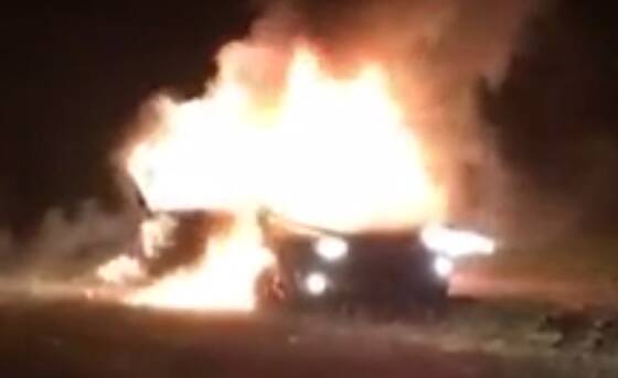 Footage of a car engulfed in flames at Mount Helen earlier this morning.
