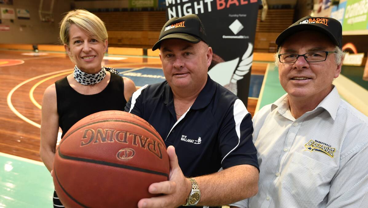 TIP-OFF: Midnight Basketball's Tess White, Ballarat mayor Des Hudson and Basketball Ballarat's Mark Valentine ready for play. Picture: Lachlan Bence