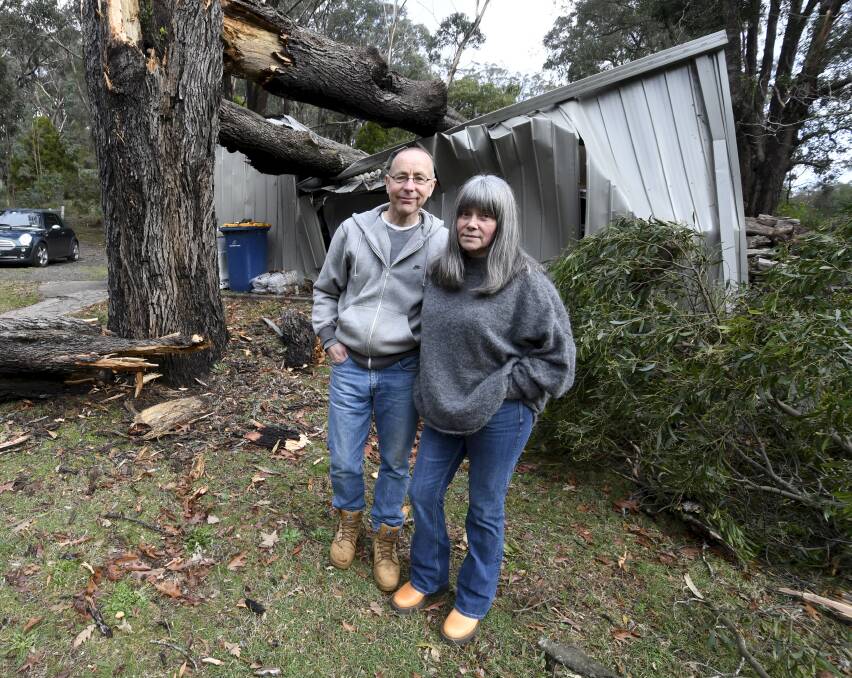SHOCK: Blackwood's Allan Tait and Fiona Ross survey damage in the storm's wake. Picture: Lachlan Bence 